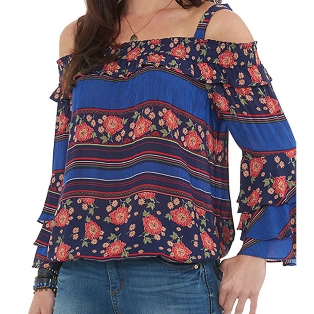 Democracy Womens Blue Floral Bare Shoulder Square Neck Casual Blouse Top Size XL
